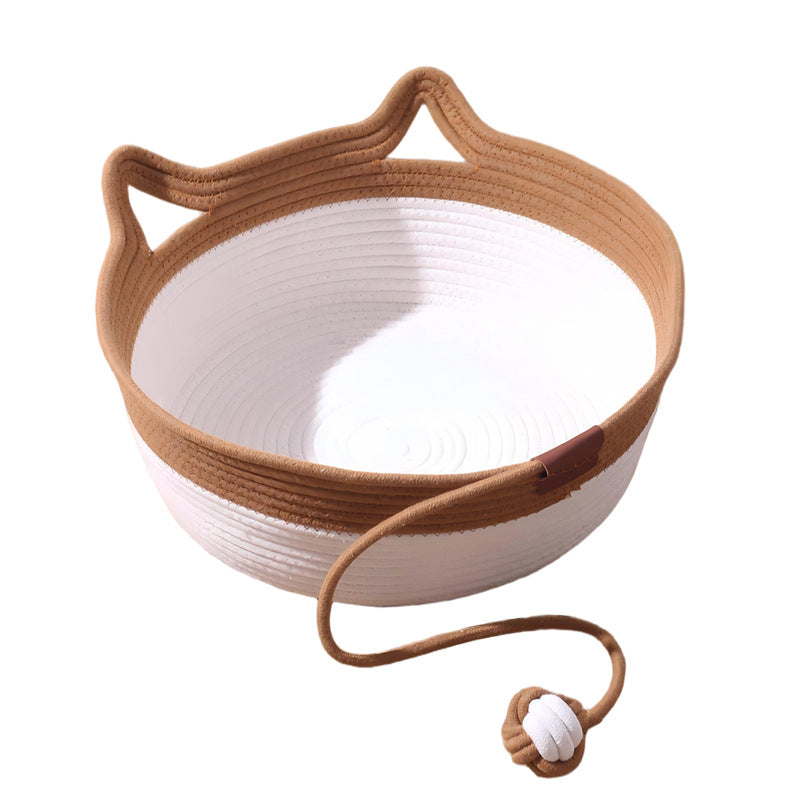 Caramel rattan and cotton rope cat bed with play ball, view 3