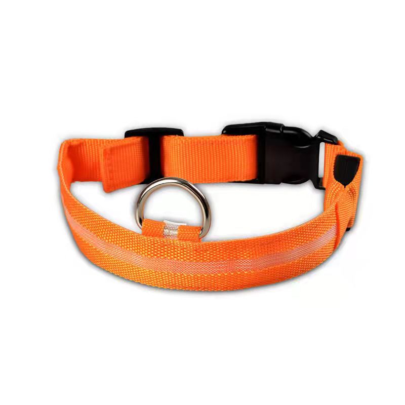 LED mesh dog collar with light modes in Orange, in use with a pet