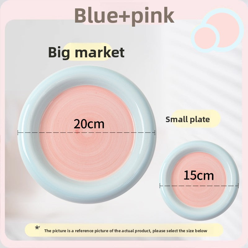 Shallow ceramic pet food plate with cute bear design in blue and pink, view 16