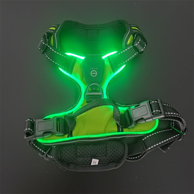 Light up dog harness in grass green, black and dark blue