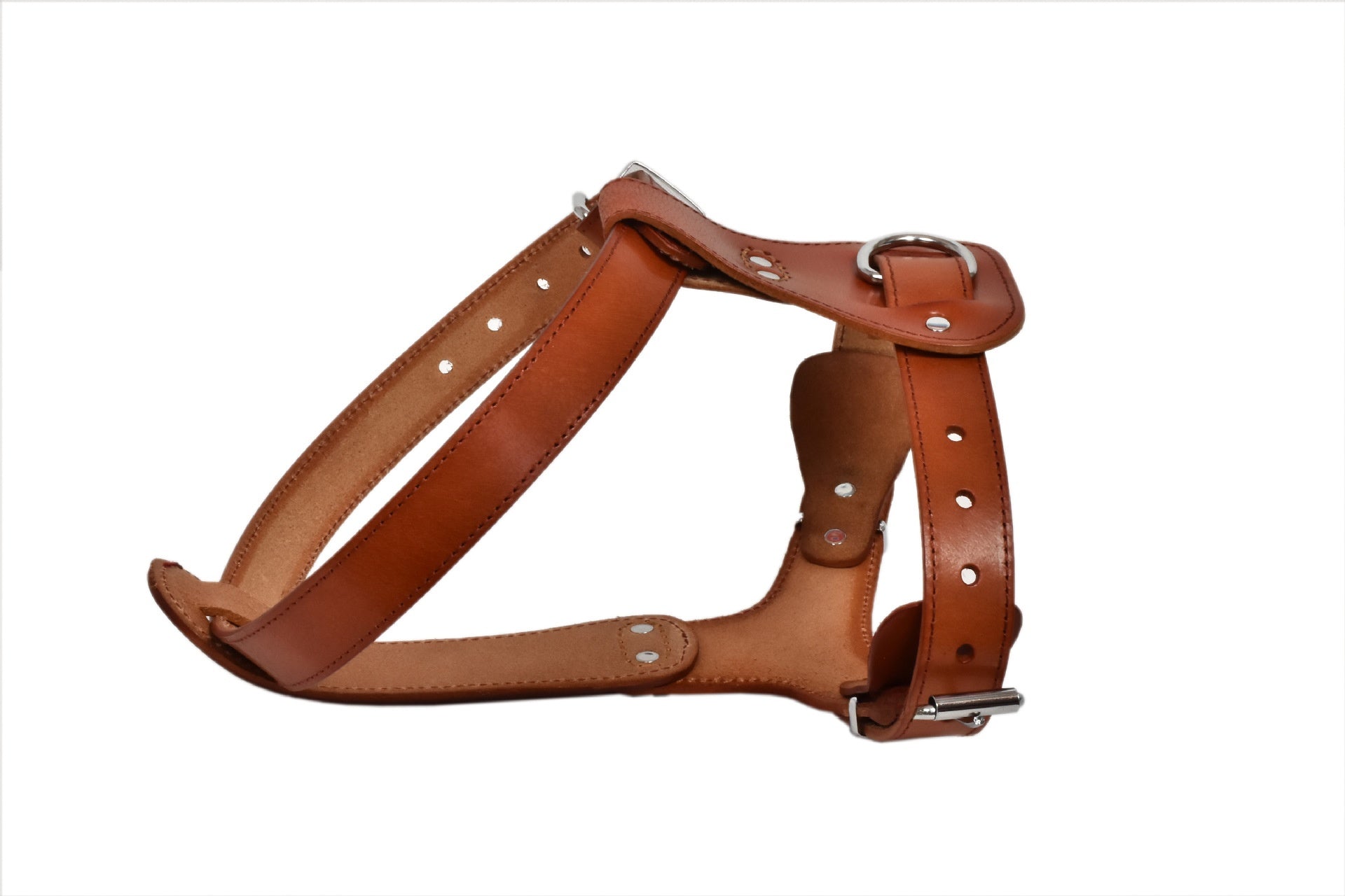 Brown leather dog chest harness with adjustable chest and neck straps, view 6