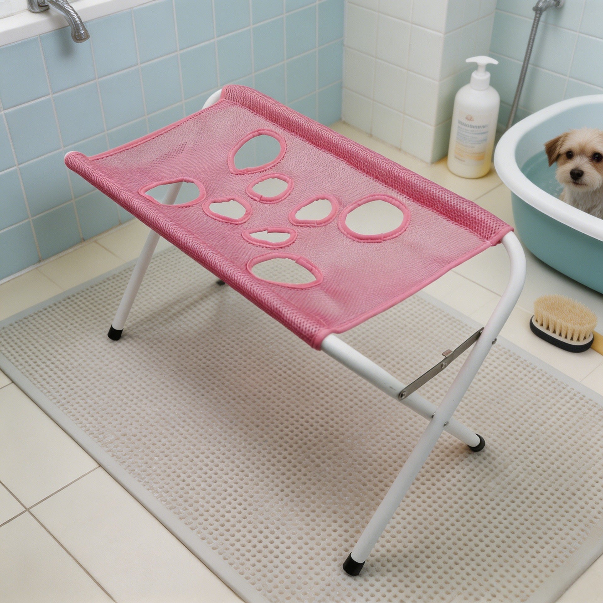 Blue pet grooming rack with secure restraint for dogs