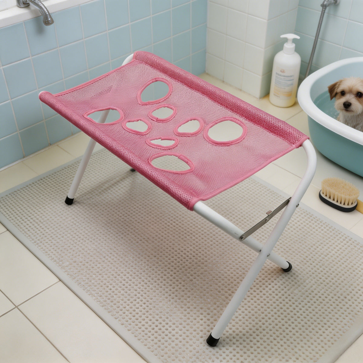 Blue pet grooming rack with secure restraint for dogs