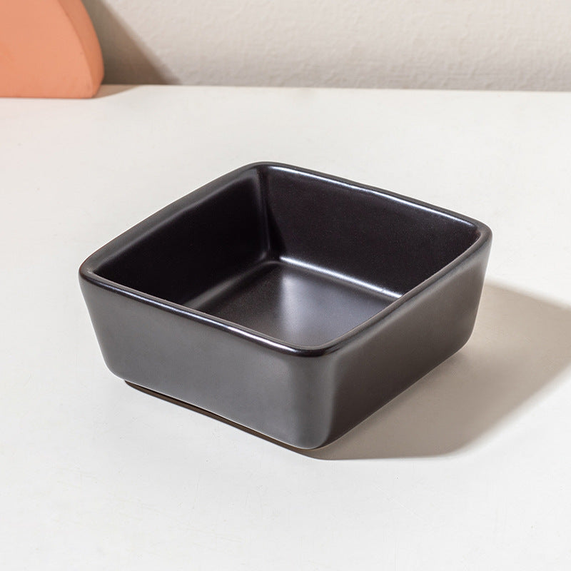 Square ceramic pet dishes on a raised bamboo feeding tray, view 9