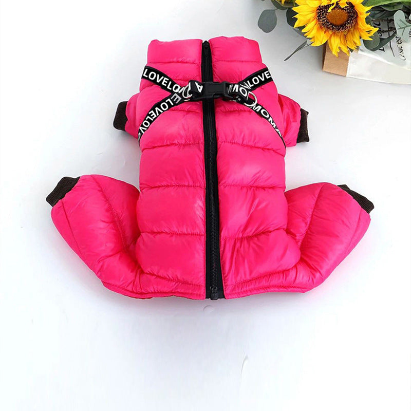 Fleece lined four-leg padded dog coat in Pink, showing size and shape
