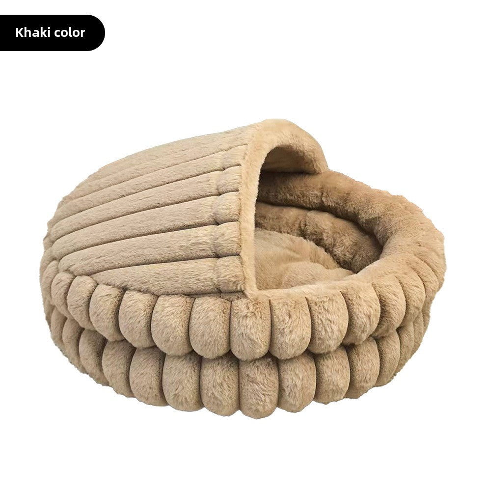 Thick plush semi-enclosed cat bed with waterproof base in Khaki, size Medium 60cm