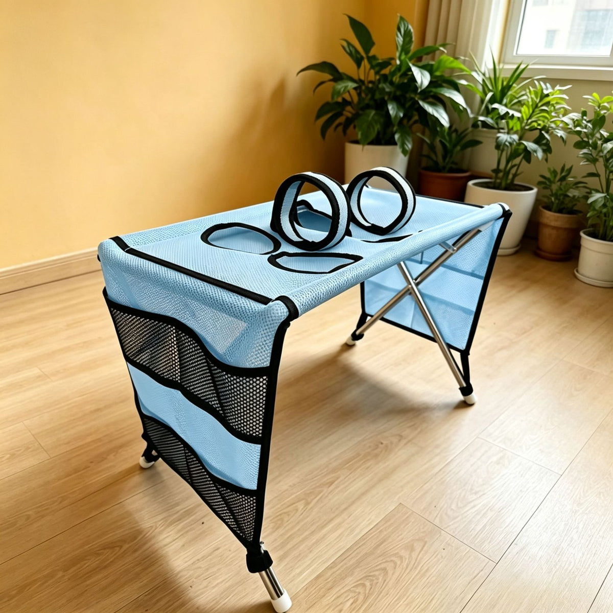 Detachable pet grooming station and hammock bed, alternative angle view