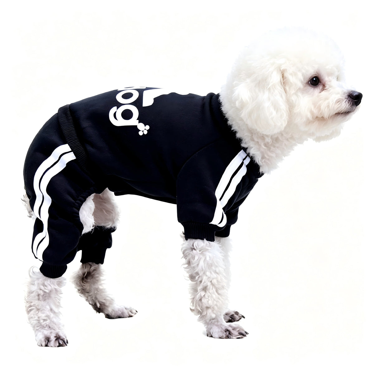Small dog wearing a red four leg button up hoodie
