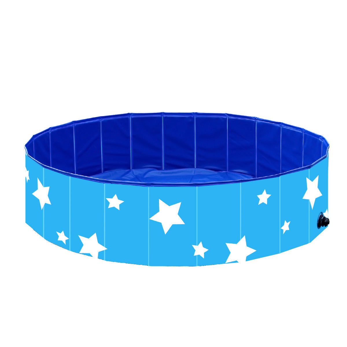 Dog standing in a pink paw print collapsible bathing pool