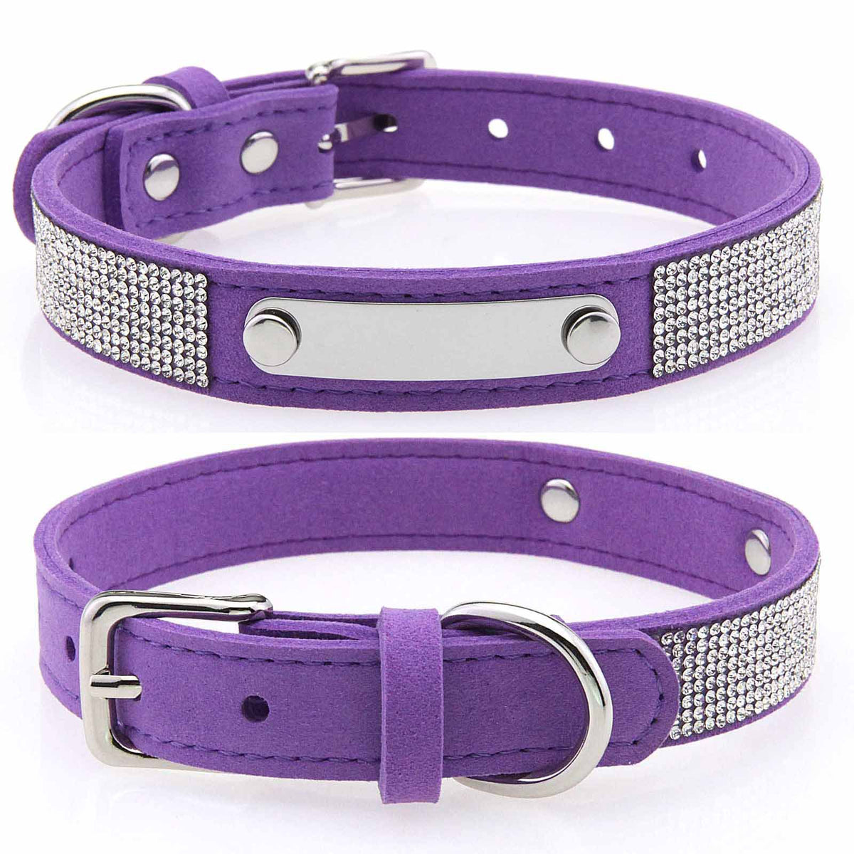Rhinestone nylon collar for dogs and cats in Purple, close-up detail