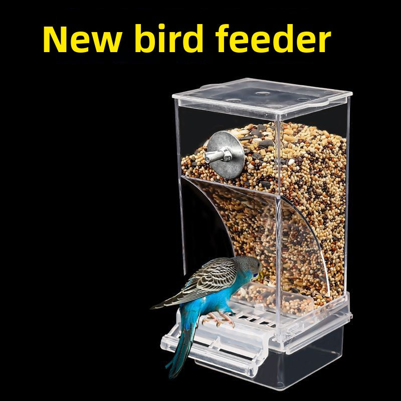 Anti splash cage mounted parrot feeder box in clear plastic, view 1