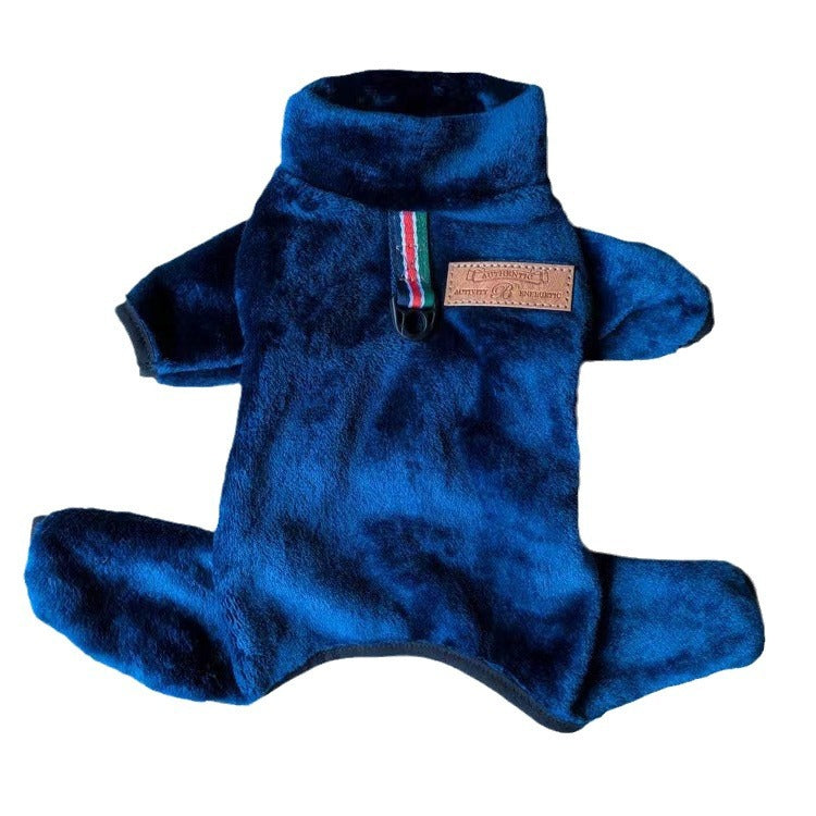 Coral velvet four-leg dog coat for small dogs in Fawn Print, showing size and shape