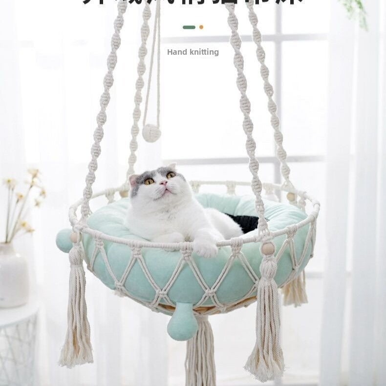 Cotton rope hanging cat basket bed boho style, detail photo 3
