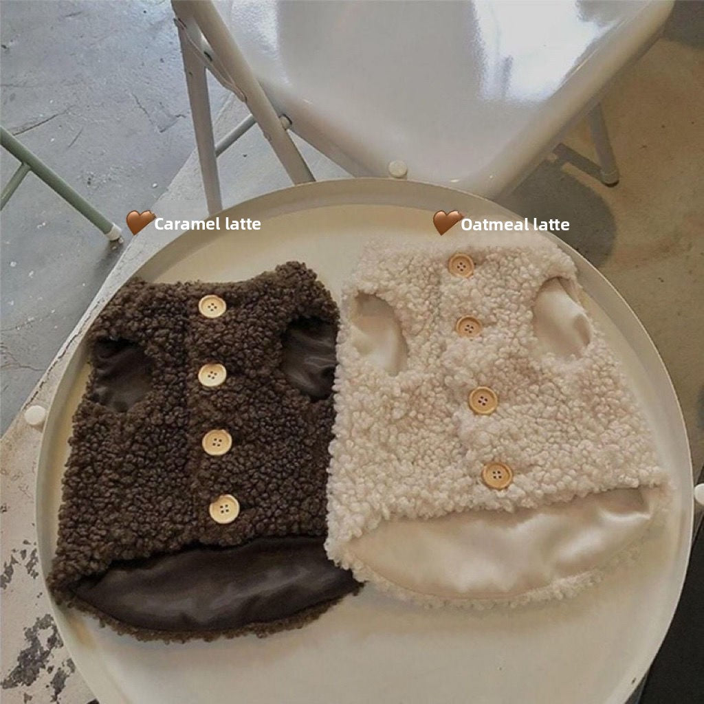 Faux lambswool pet vest with velvet lining in Apricot Latte, side view