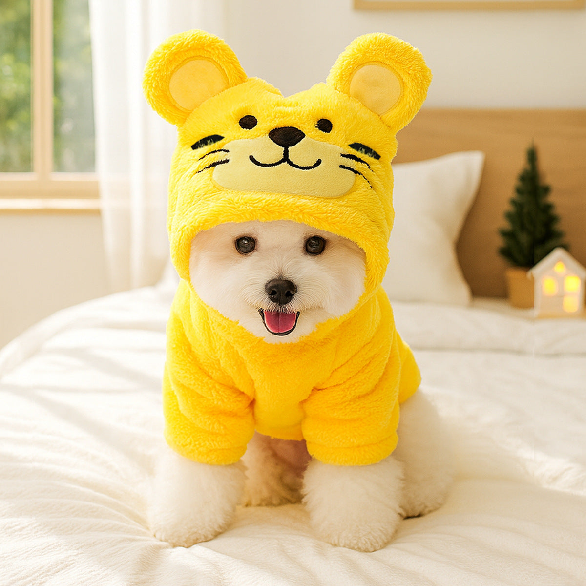 Fleece lined animal costume hoodie for dogs and cats, in use with a pet