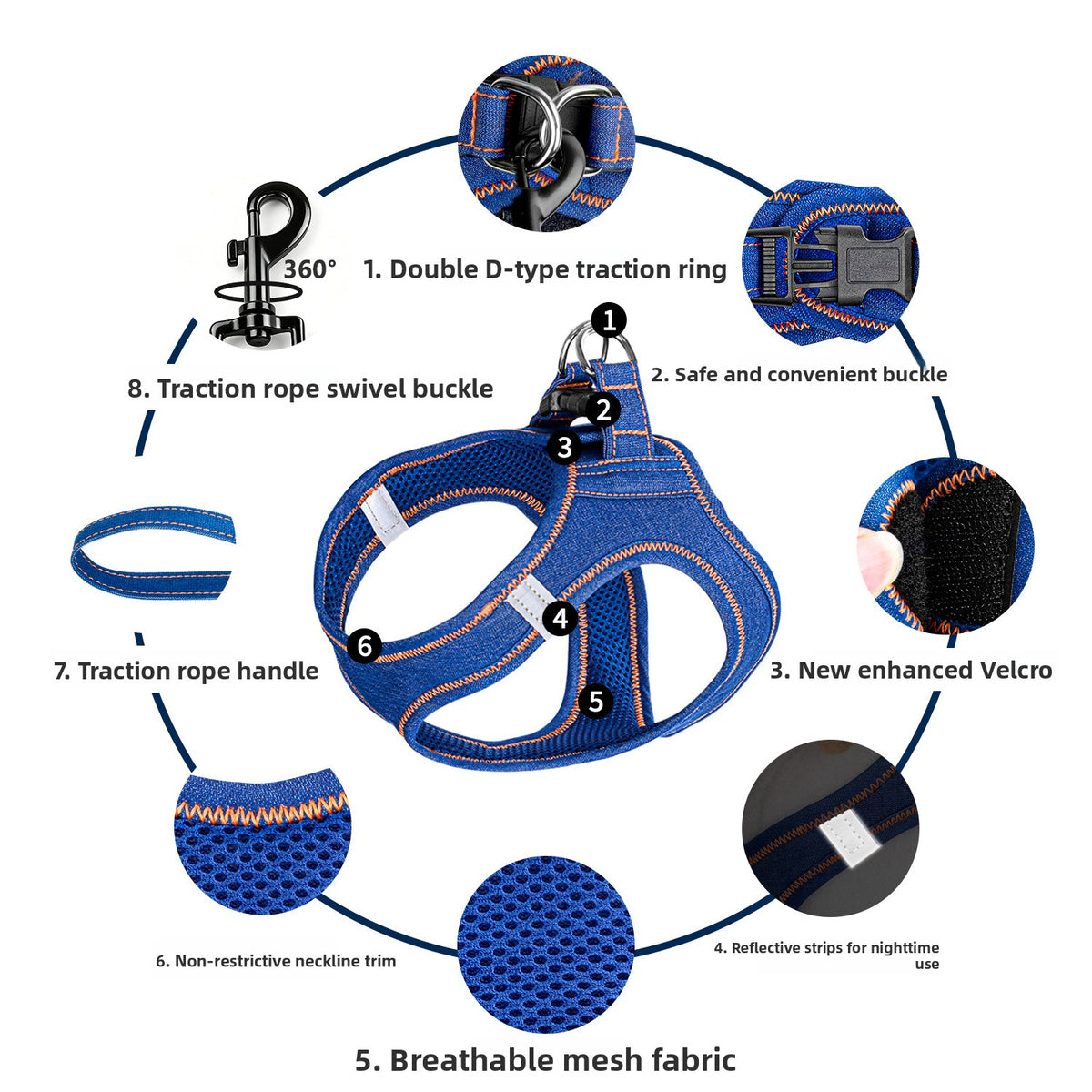 Navy denim back-clip dog harness, 3 sizes available
