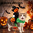 Small dog wearing a pumpkin knight riding horse costume