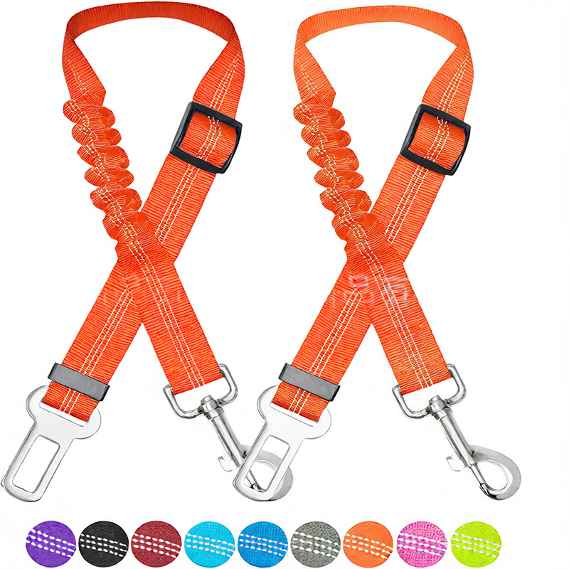 Elastic dog car seat belt lead with reflective strip in red