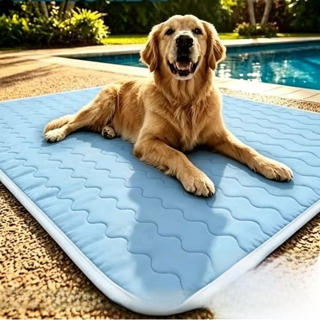 Breathable pet cooling mat with blue wave pattern