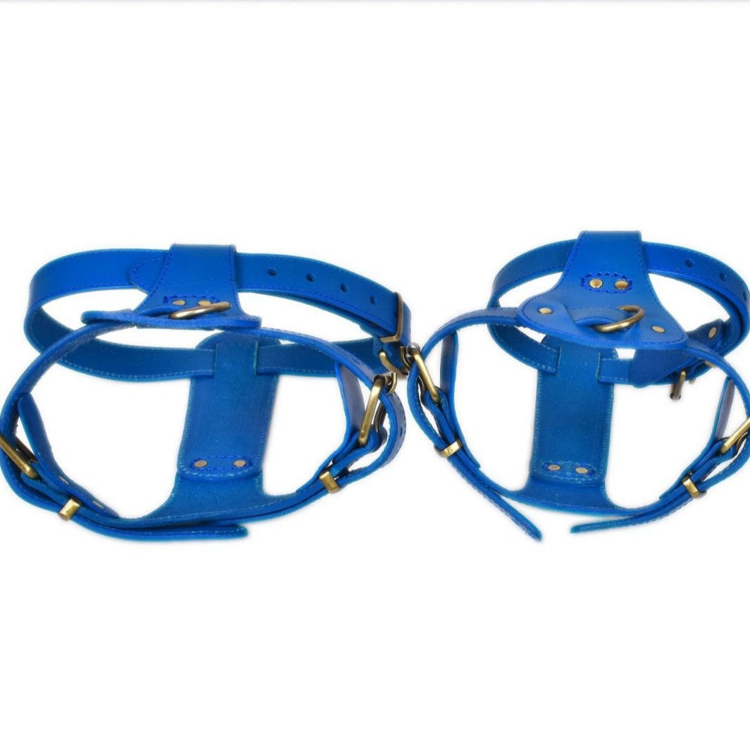 Brown leather dog chest harness with adjustable chest and neck straps, view 2