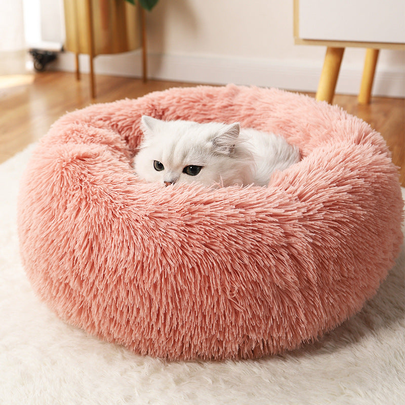 USB heated round pet bed in grey plush