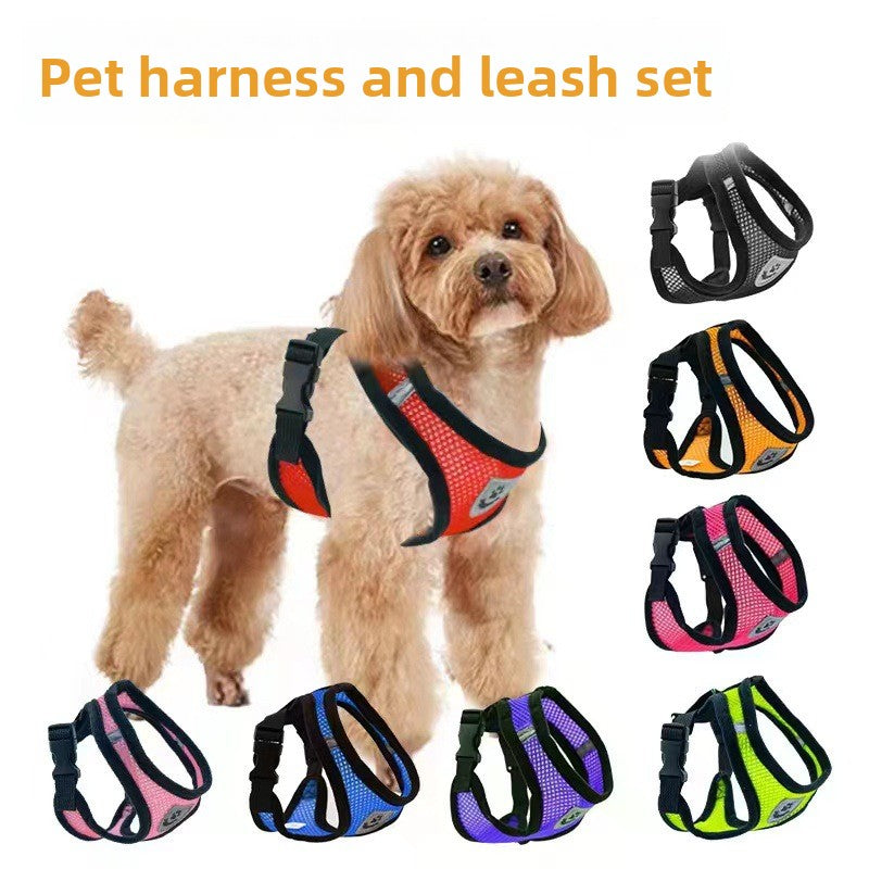 Breathable mesh vest harness in fluorescent green on a small dog
