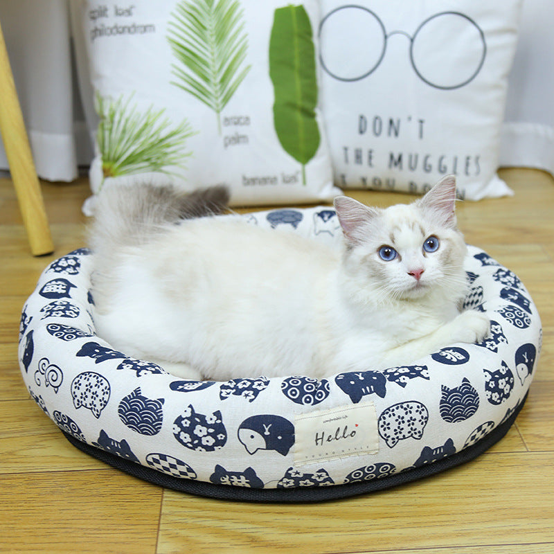 Round straw mat cooling pet nest with cat print, product image 1