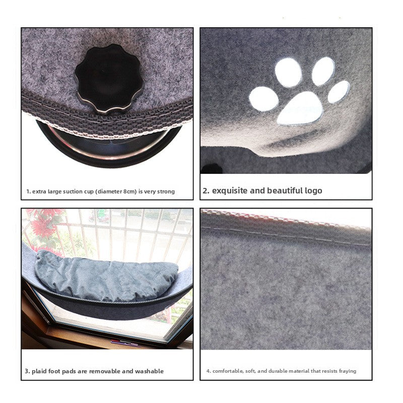 Grey moon shaped felt cat window hammock with suction cups, view 4