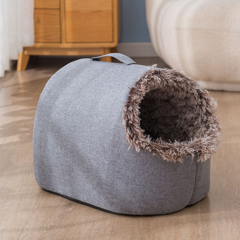 Plush enclosed pet sleeping bag nest, alternative angle view
