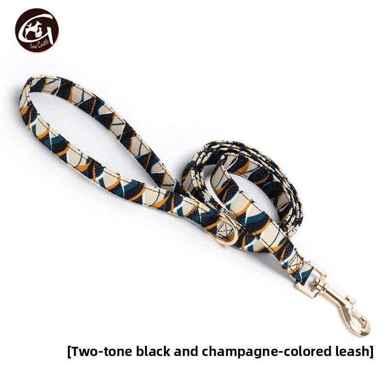 Floral fabric dog collar with gold buckle, in use with a pet