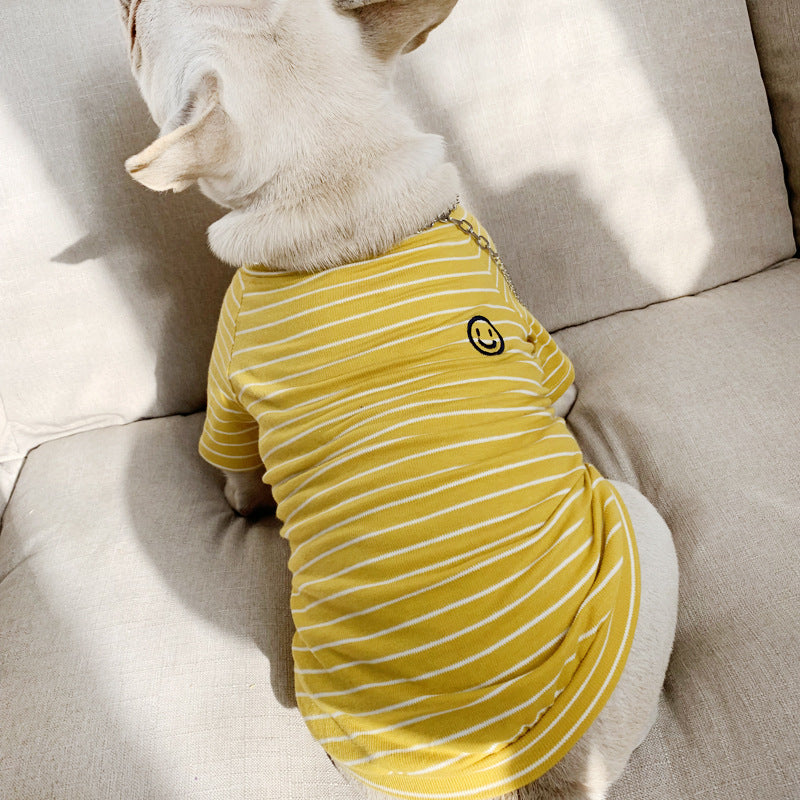 Striped cotton pet T-shirts in blue, white, yellow and pink