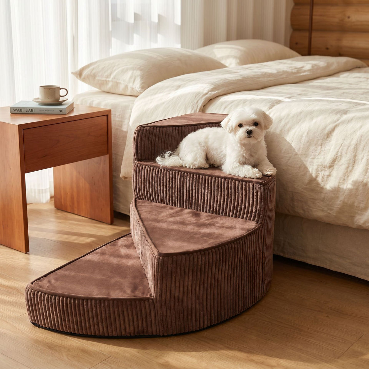 Curved sponge pet stairs with washable cover in Brown, Right Facing