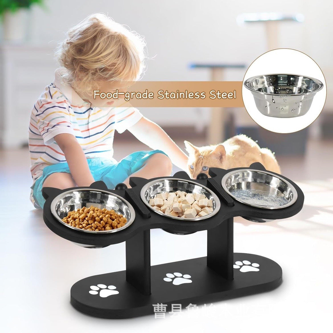 Adjustable wooden pet bowl stand with two bowls