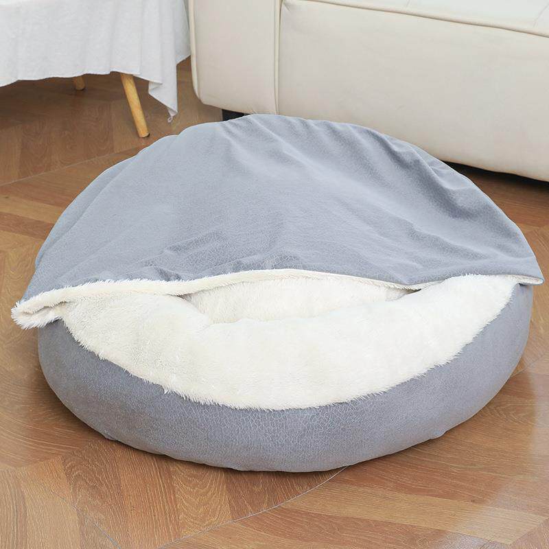 Shell shaped plush pet bed with attached blanket in Grey, size 50cm