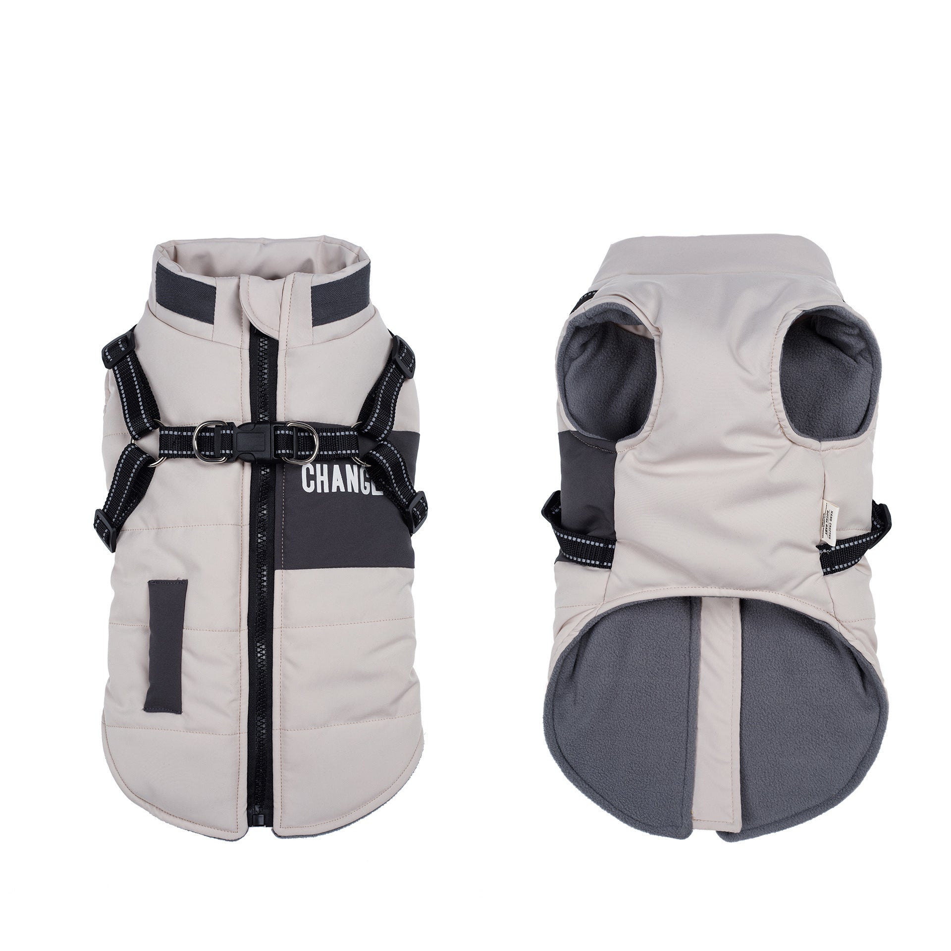 Stand collar padded dog winter coat in Taro Purple, showing size and shape