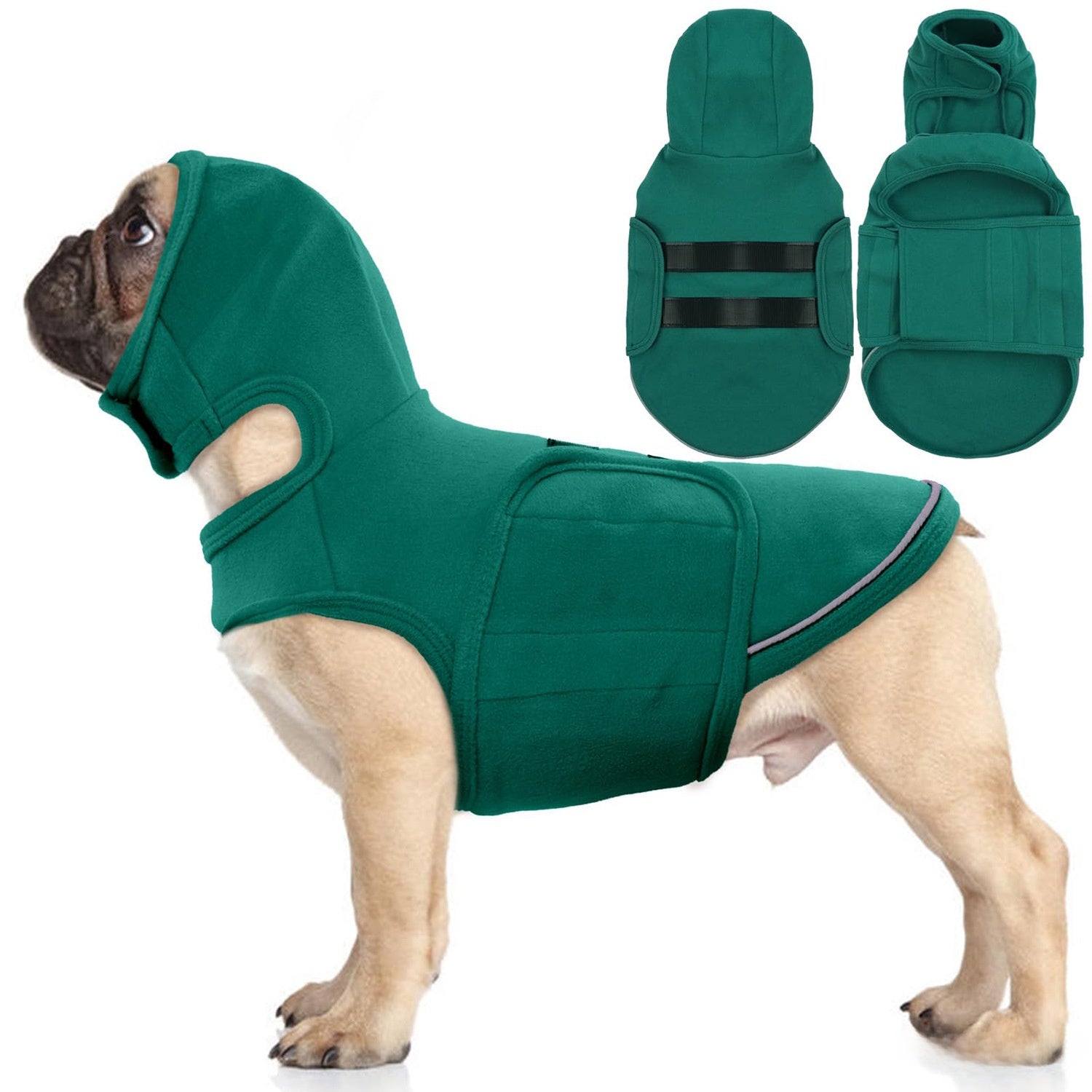 Adjustable green stretch dog comfort vest with snug fit, in use with a pet