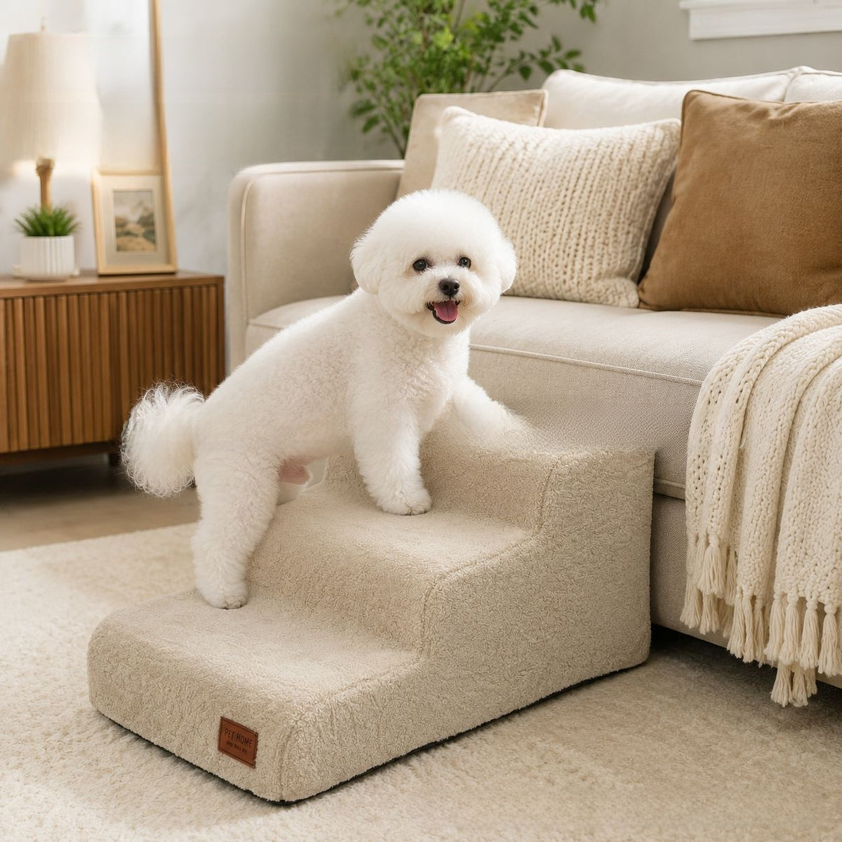 Soft sponge pet stairs with washable cover, shown in 3 colours and styles