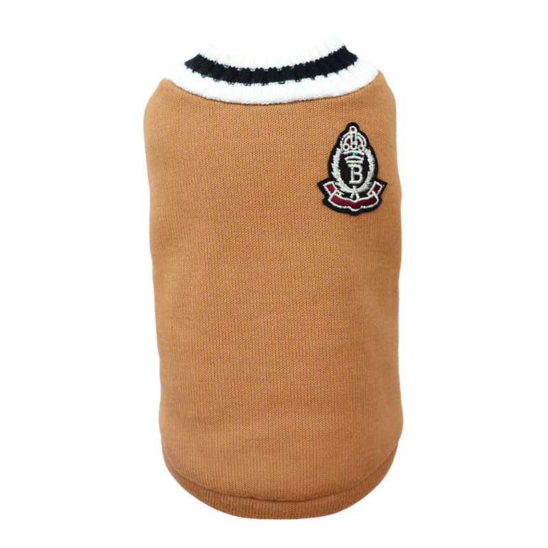 Knitted preppy V-neck pet jumper vest in Student Green, close-up detail