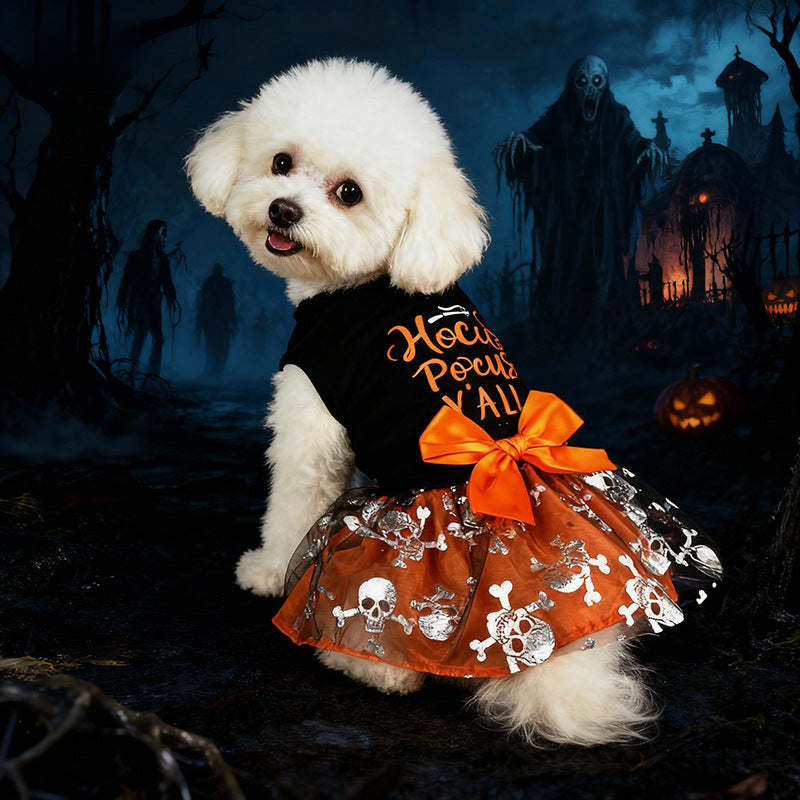 Black Halloween skull print pet dress with mesh skirt for dogs and cats, image 2