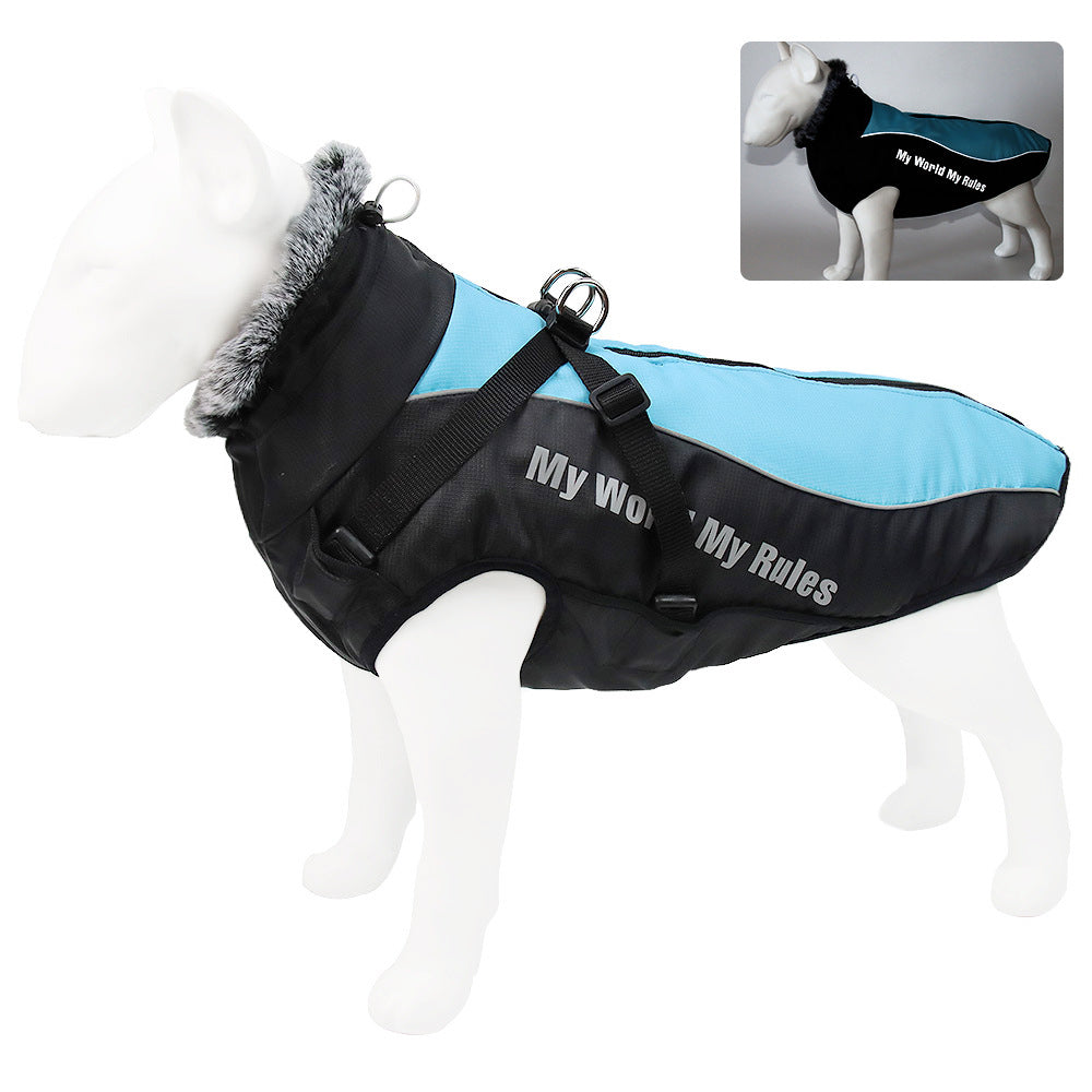 Reflective padded dog coats in red, blue and iridescent finishes