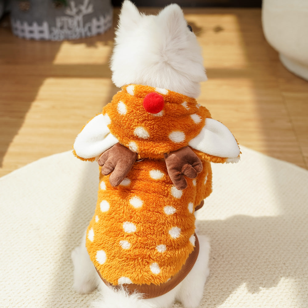 Fleece lined Christmas reindeer costume for pets in Spotted Reindeer, side view