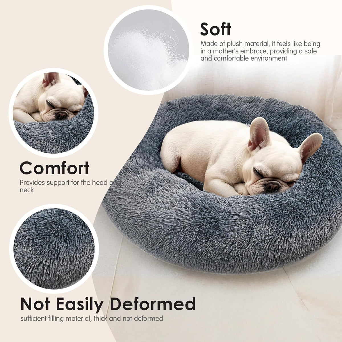 Round plush donut bed for cats and small dogs, alternative angle view