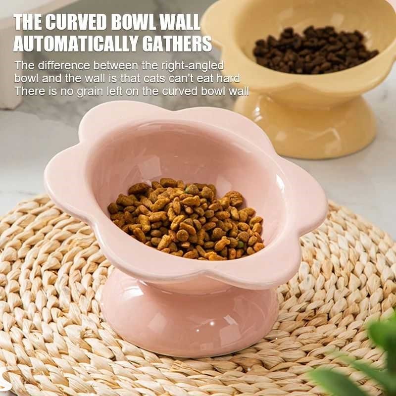 Pink glazed ceramic cat feeding bowl with wide base, view 5