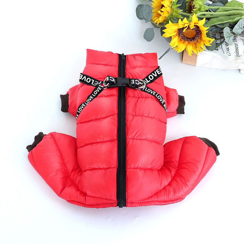 Fleece lined four-leg padded dog coat in Black, showing size and shape