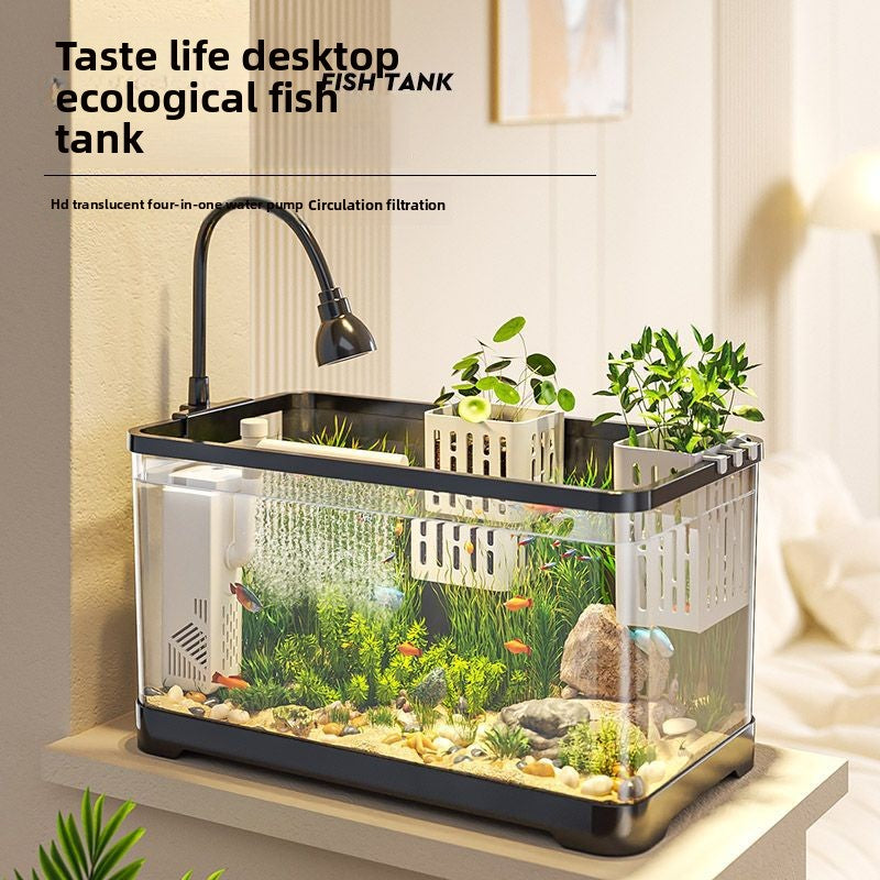 Small desktop plastic fish tank with clear cover and air pump, view 3