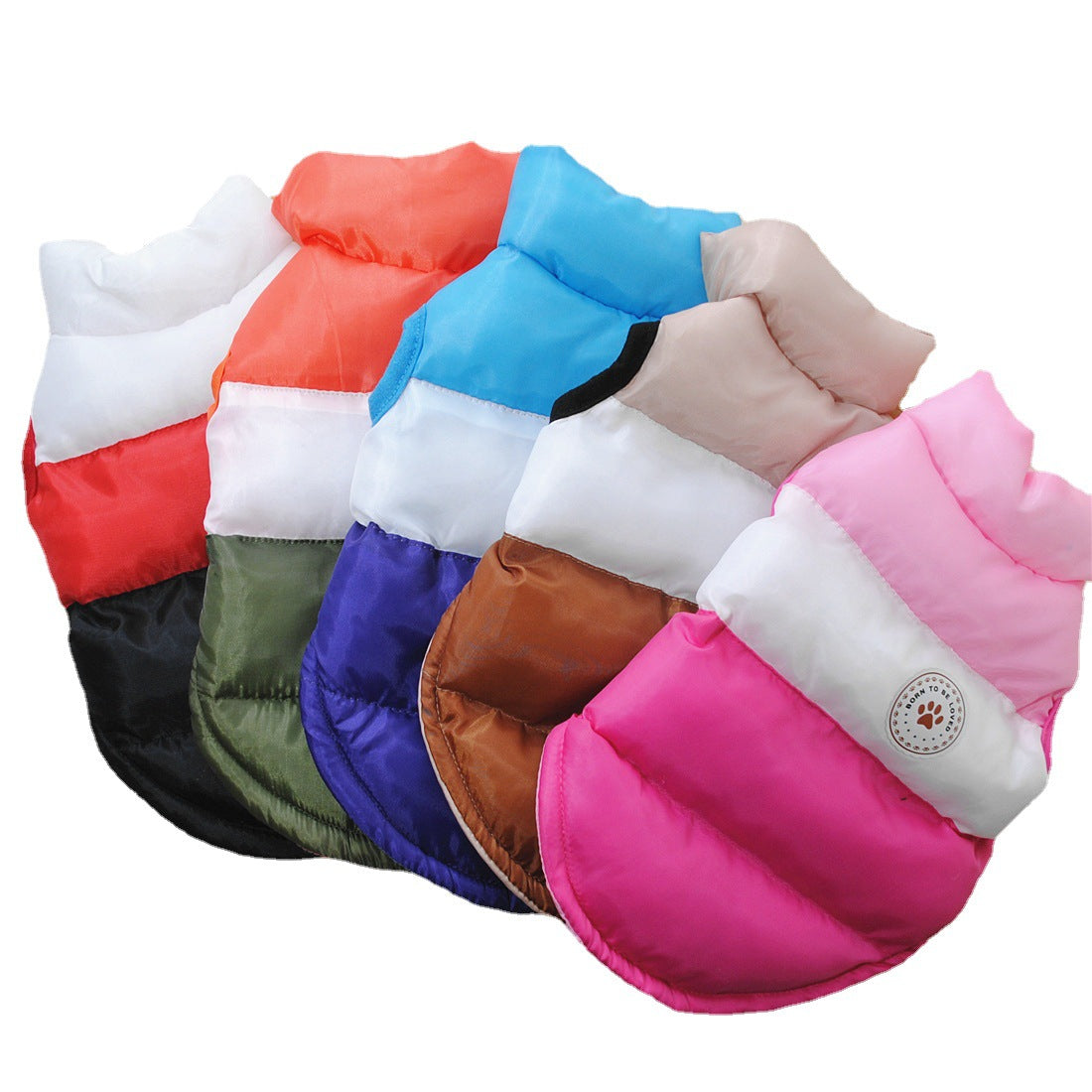 Colour block puffer dog coat with button front in Coffee, front view