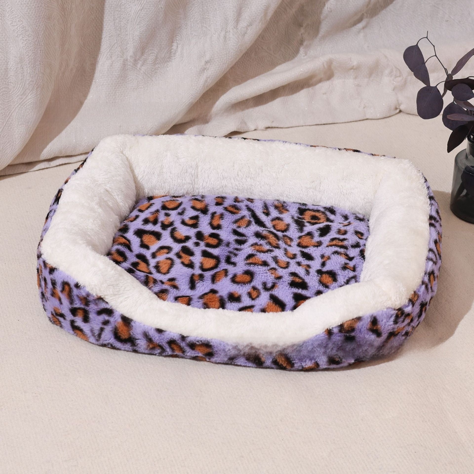 Brown leopard print plush pet sofa bed with removable pad, view 9