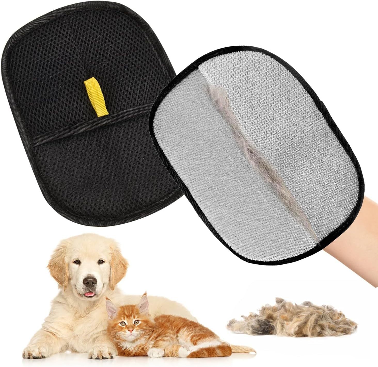 Pair of pet hair gloves cleaning a fabric sofa