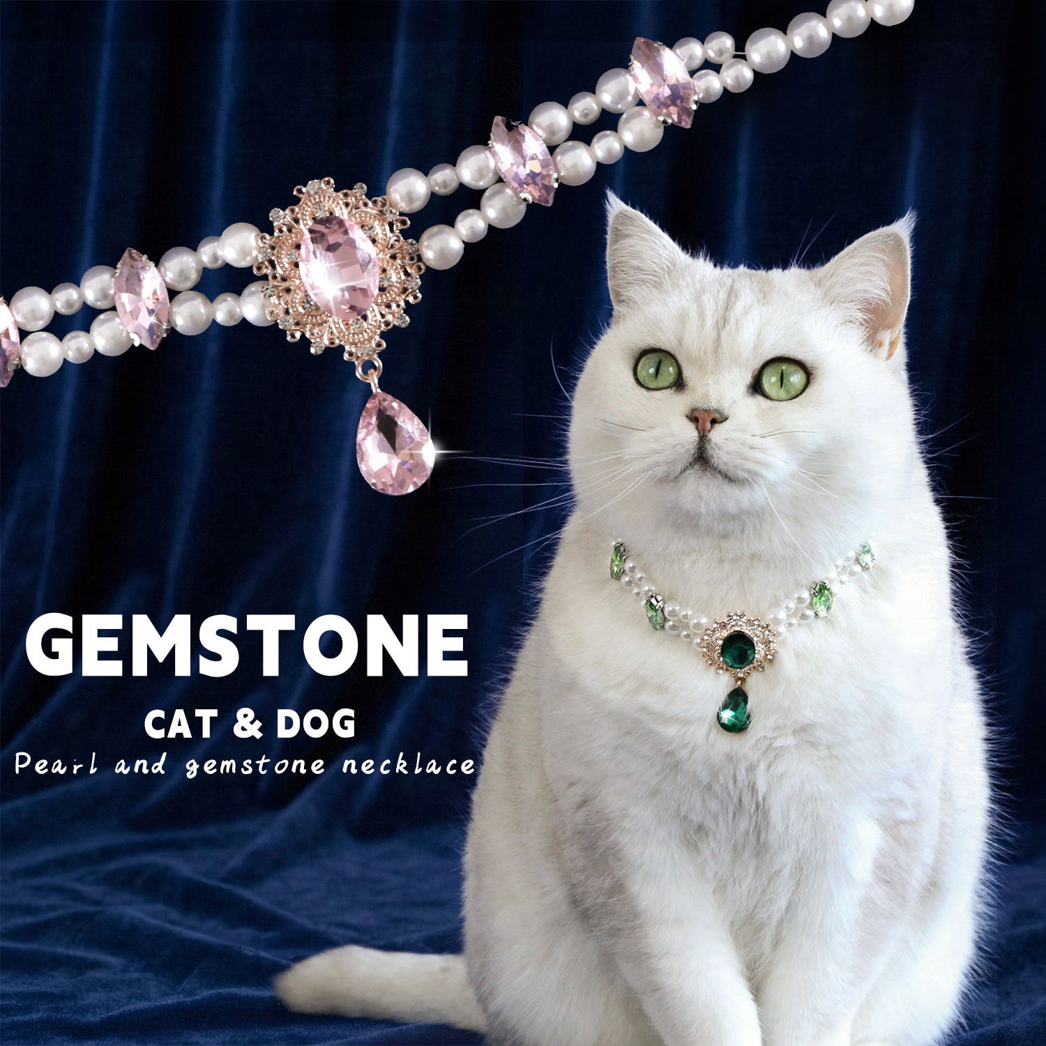 Pearl cat collar with crystal pendant on a small pet, product image 1
