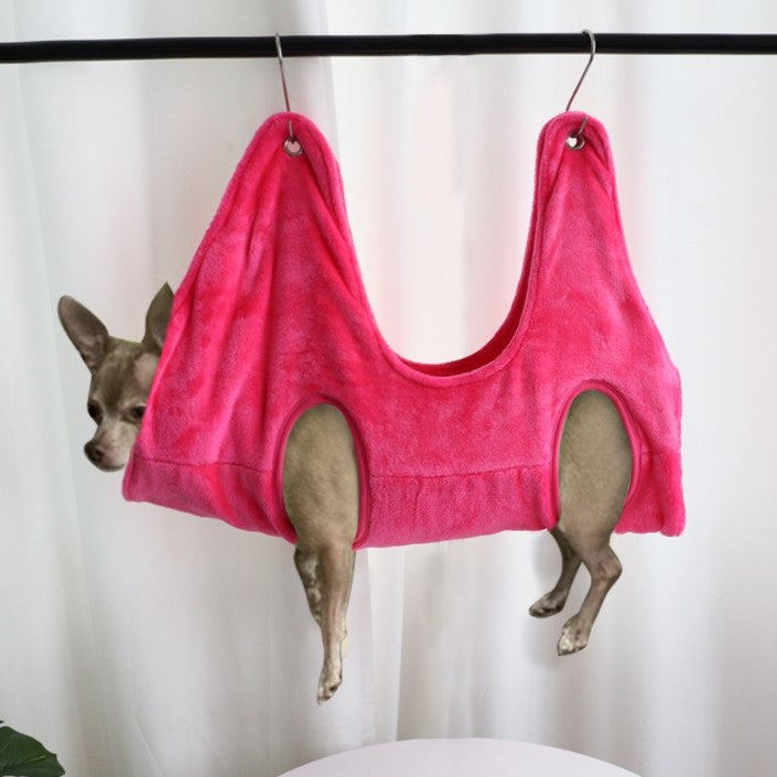 Pink fleece grooming restraint hammock in medium size